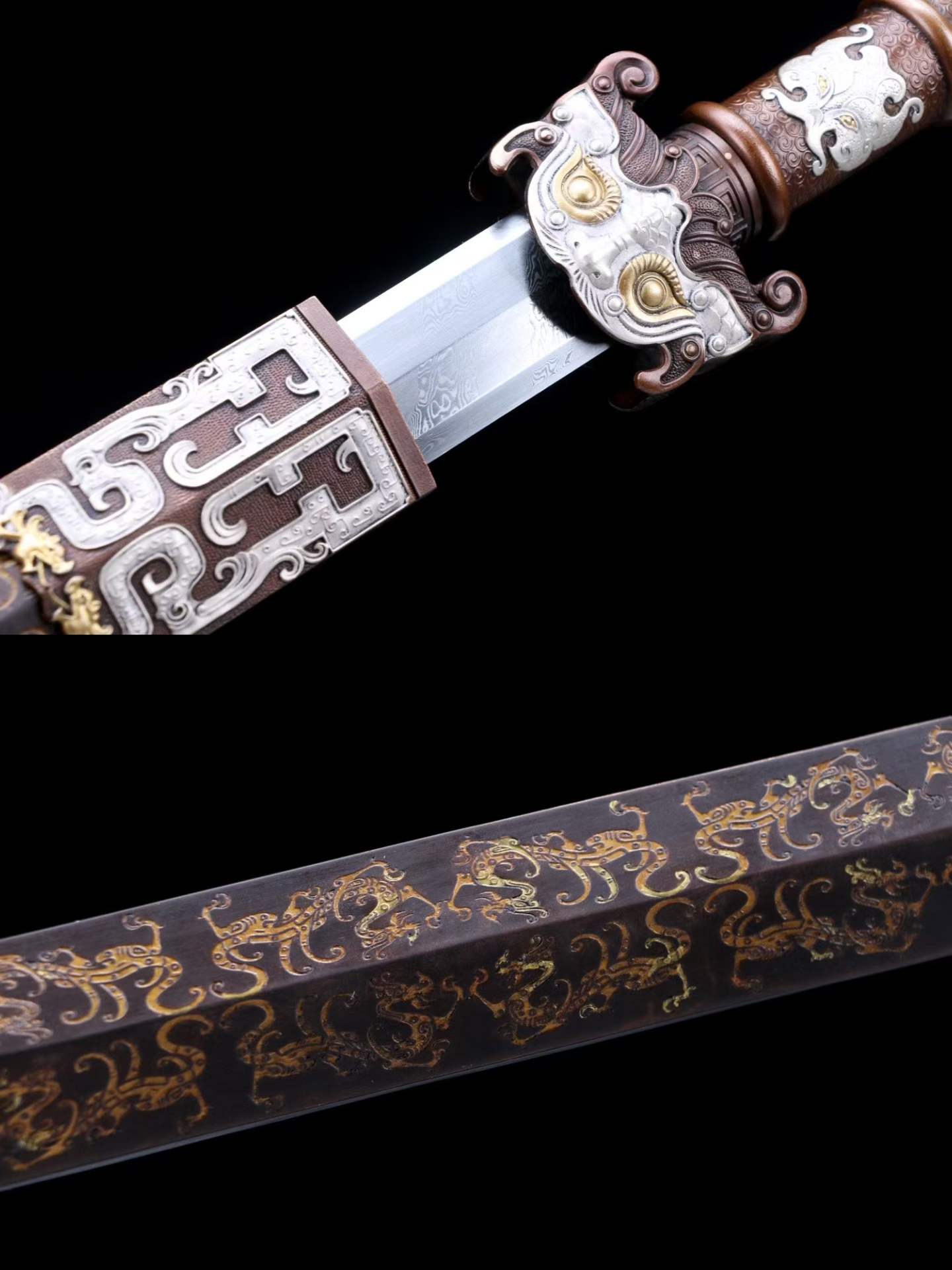 Taotie Ancient Han Jian, Full Tang, Sharp Blade, Hand‑Forged Damascus Steel Blade, Gilt‑Silver Solid Copper Handle & Fittings, Hand‑Carved Copper Scabbard, Ornate Taotie‑Beast Hardware, Collectible Chinese Sword