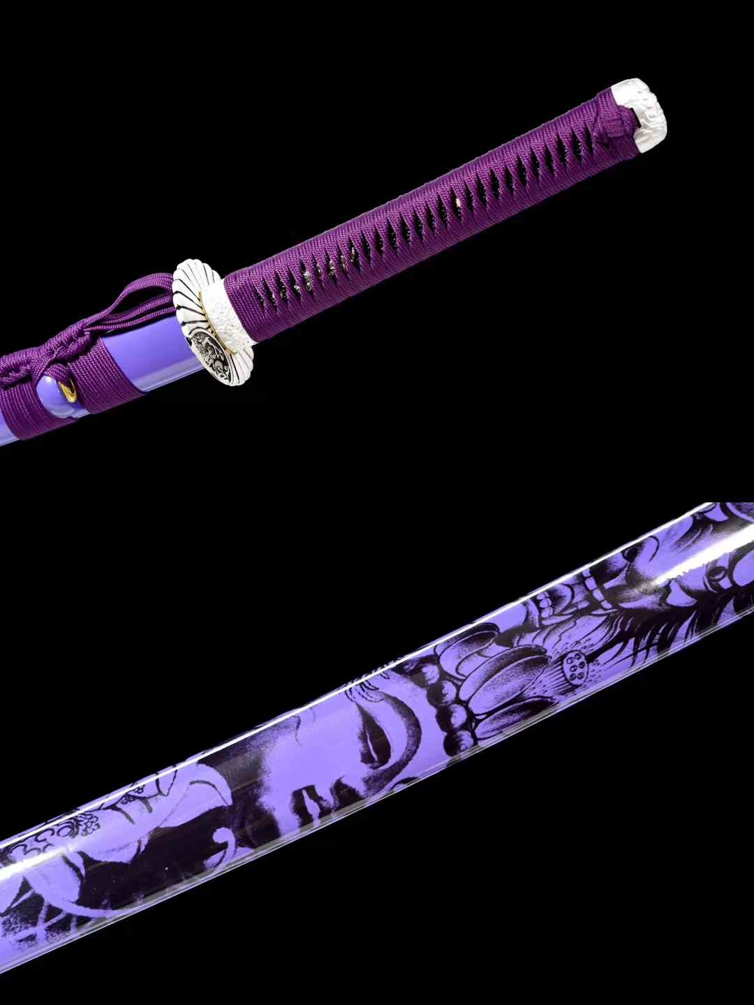 Purple Shadow Katana, Full Tang Construction, Forged Damascus Steel Blade, Sharp Edge, Lacquer Painted Solid Wood Scabbard, Collectible Decorative Japanese Sword