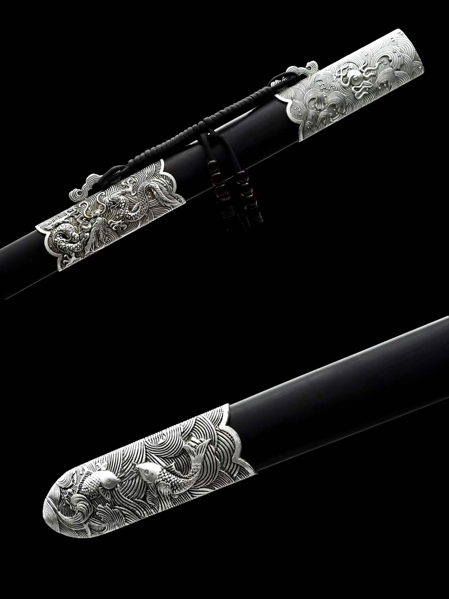 Cang‑Lan Dragon Sovereign Jian, Full Tang Construction, Sharp Blade, High Manganese Steel Octahedral Blade, Alloy Dragon‑Wave Fittings, Premium Ebony Wood Scabbard, Historical Collectible Chinese Sword