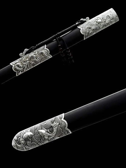 Cang‑Lan Dragon Sovereign Jian, Full Tang Construction, Sharp Blade, High Manganese Steel Octahedral Blade, Alloy Dragon‑Wave Fittings, Premium Ebony Wood Scabbard, Historical Collectible Chinese Sword