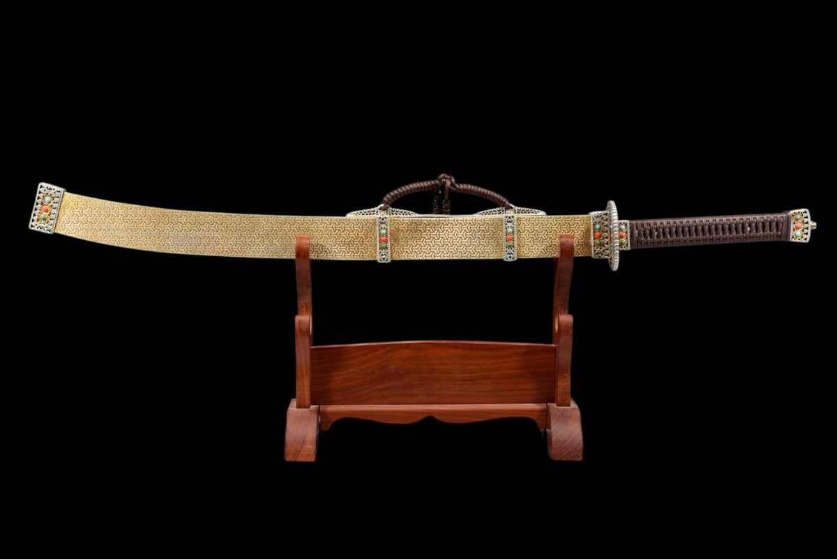 Full Tang Golden Talisman Saber, Hand Carved Two-Tone Copper Fittings, Solid Wood Handle Wrapped with Cord, Damascus Steel Sharp Edge, Pure Copper Wrapped Solid Wood Scabbard, Chinese Collectible Sword