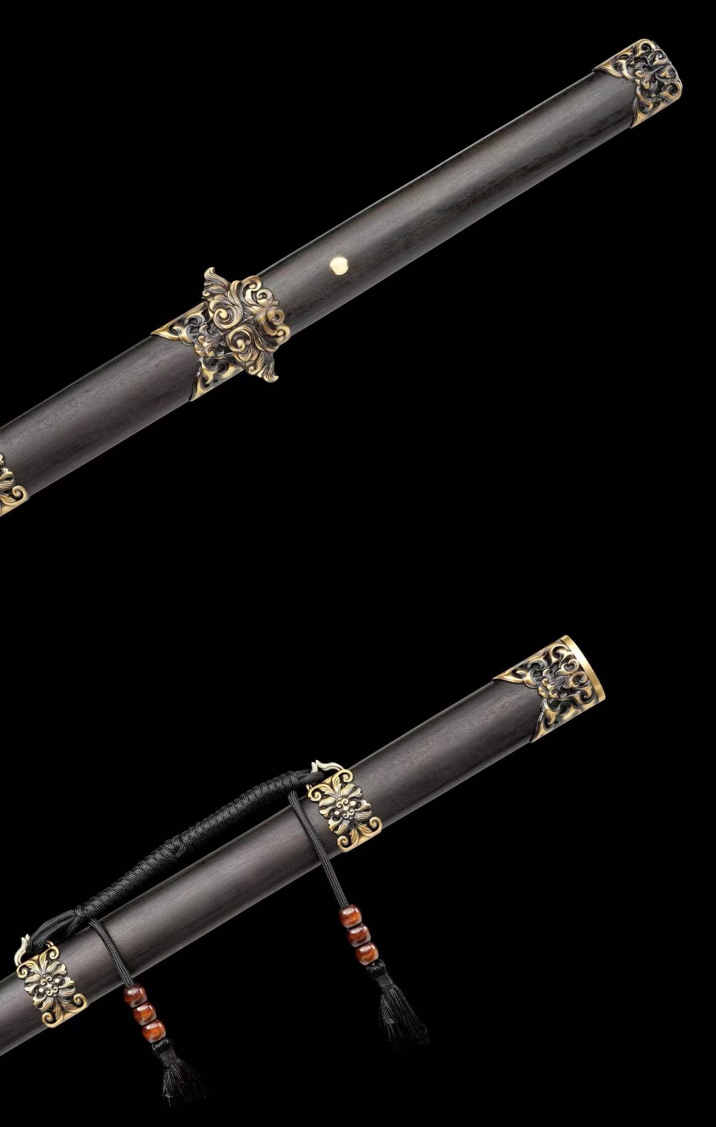Full Tang Dao Replica, Sharpened Blade, Twist Pattern Damascus Steel Forged, Dragon‑Phoenix Sandalwood Scabbard & Handle, Brass Fittings Collectible Sword