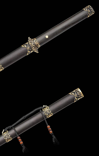 Full Tang Dao Replica, Sharpened Blade, Twist Pattern Damascus Steel Forged, Dragon‑Phoenix Sandalwood Scabbard & Handle, Brass Fittings Collectible Sword