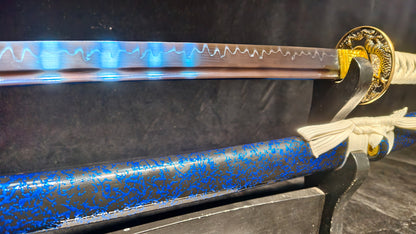 T10 (covered with soil, burned with fire, blade formed special pattern, quenched blue)katana