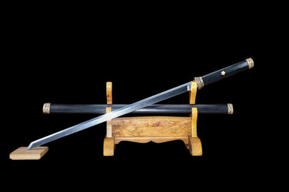 Dark Ink Tang Straight Sword, Full Tang Construction, Sharp Blade, Forged Damascus Steel, Pure Copper Fittings, Premium Ebony Handle & Scabbard, Historical Chinese Collectible Sword