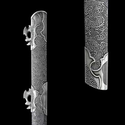 Manganese steel forging process，Grilled black laser engraved dragon pattern唐横刀～斩龍