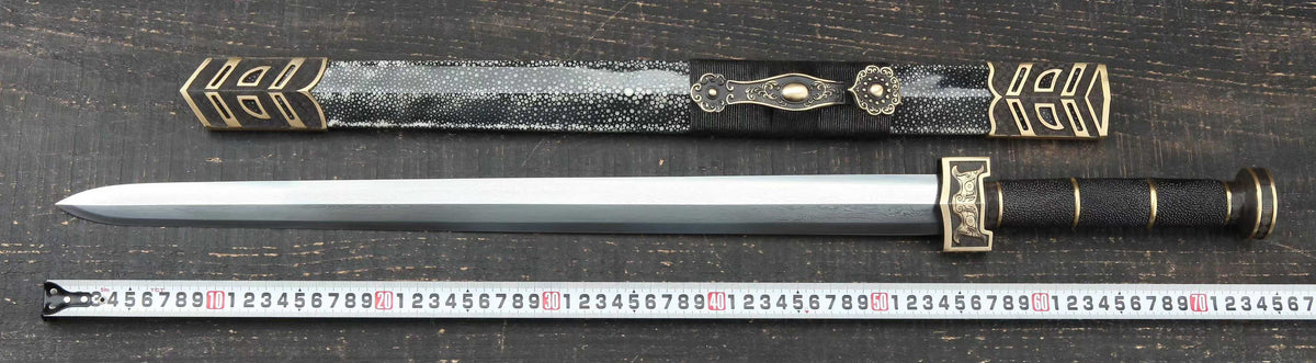 20‑Inch Black Ray‑Skin Ruyi Chinese Jian, Full Tang Construction, Sharp Blade, Hand Forged Damascus Steel Blade, Aged Solid Copper Fittings, Genuine Ray‑Skin Wrapped Scabbard, Historical Replica Collectible Sword