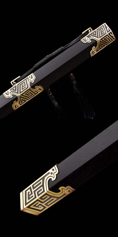 King Qin Jian, Full Tang Construction, Hand-Forged Damascus Steel Blade, Sharp Edge, Hand Polished, Brass Fittings, Premium Dragon Phoenix Hardwood Scabbard & Handle, Collectible Chinese Han Sword