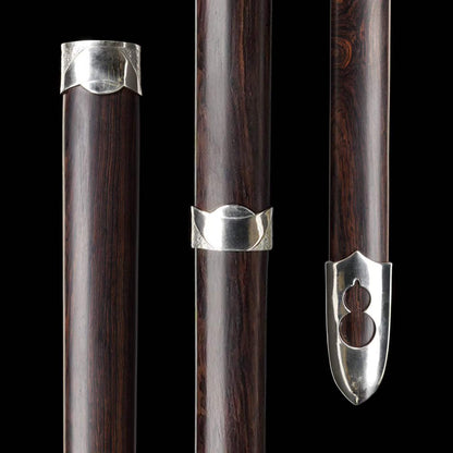 Plain‑Fitted White Copper Ingot Two‑Handed Chinese Jian, Full Tang Construction, Sharp Blade, Hand Forged Damascus Steel Blade, Premium Ebony Wood Handle And Scabbard, Historical Replica Collectible Sword
