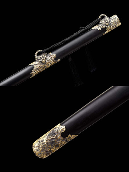 Suanni Tang Dao, Full Tang Construction, Sharp Blade, Damascus Steel Forged Blade, Premium Ebony Wood Handle And Scabbard, Historical Replica Collectible Sword