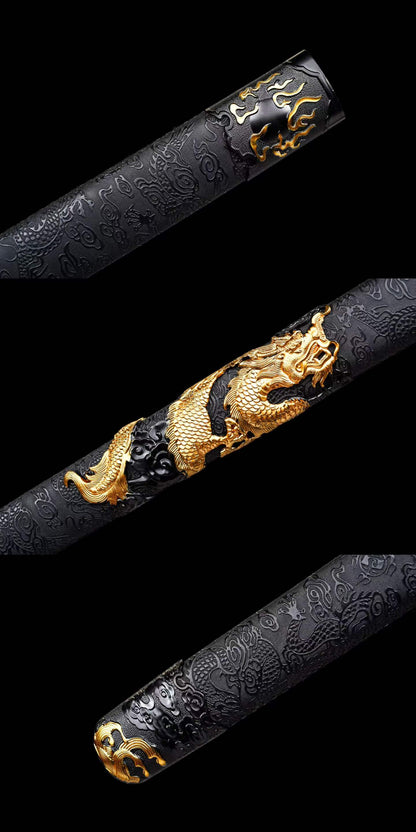 Cang‑Lan Dragon Sky Sword, High‑Manganese Steel Hollow Groove Blade, Full Tang Metal Hilt, Wood Artificial Leather Scabbard Collectible Chinese Sword