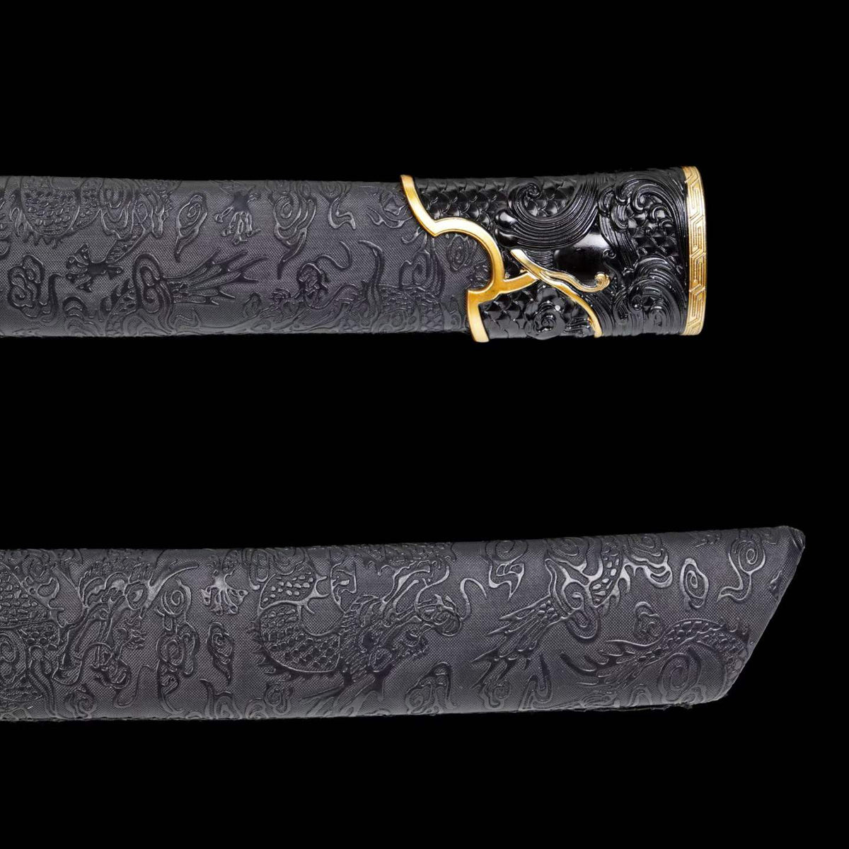 Black Dragon Battle Dao, Full Tang Construction, High Manganese Steel Blade, Alloy Fittings, Artificial Leather Wrapped Solid Wood Scabbard, Collectible Decorative Chinese Sword