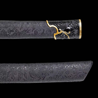 Black Dragon Battle Dao, Full Tang Construction, High Manganese Steel Blade, Alloy Fittings, Artificial Leather Wrapped Solid Wood Scabbard, Collectible Decorative Chinese Sword