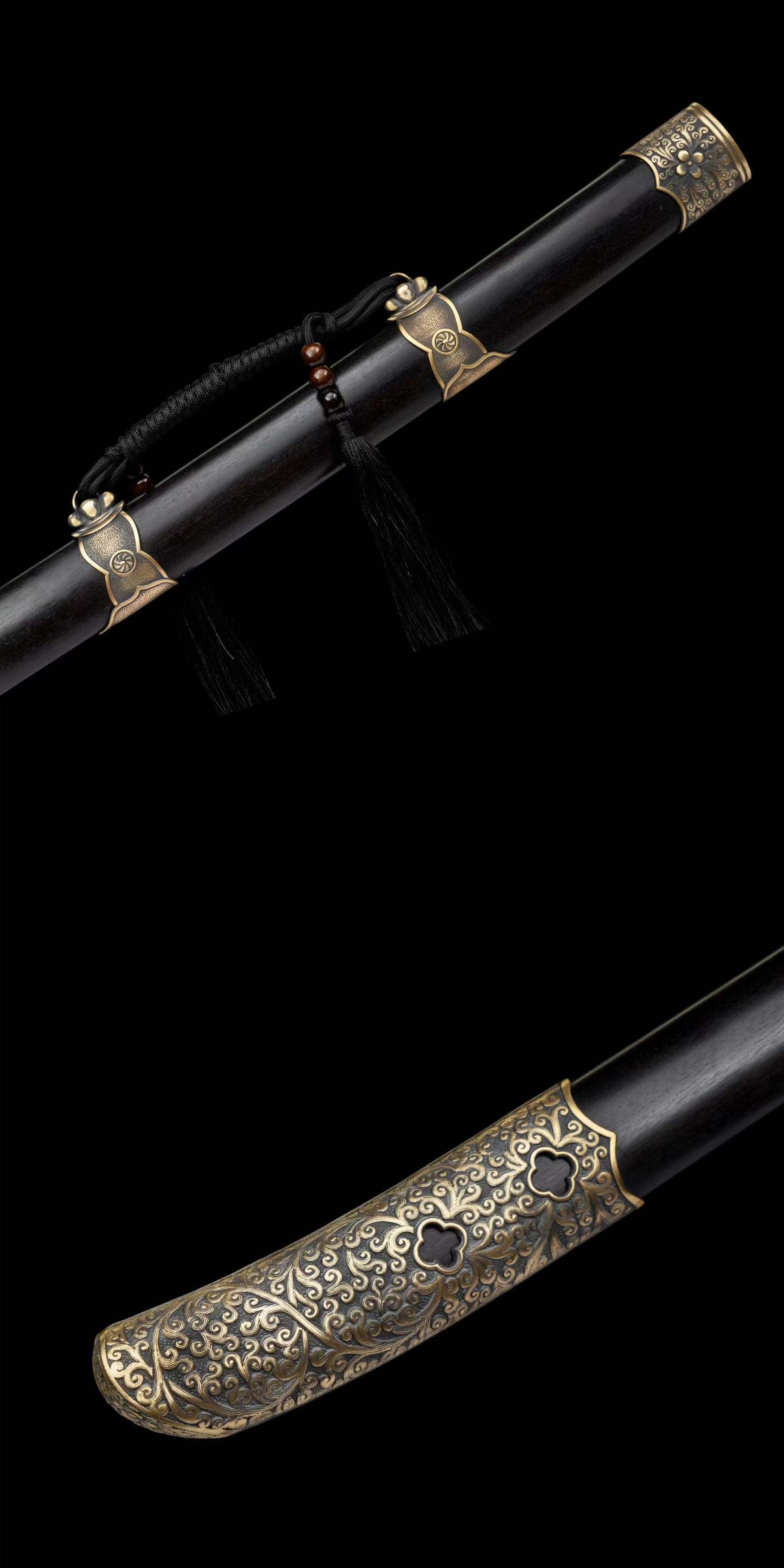 Full Tang Black Ding Baiying Chinese Sword, Forged Damascus Steel Sharp Blade, Brass Engraved Fittings, Dark Dragon Phoenix Sandalwood Scabbard, Wuxia Collectible Sword