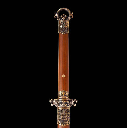 Autumn-Water Tang Sword, Full Tang Construction, Sharp Blade, Forged Damascus Steel, Brass Fittings, Premium Dragon-Phoenix Hardwood Handle And Scabbard, Ancient Chinese Heroic Replica Sword