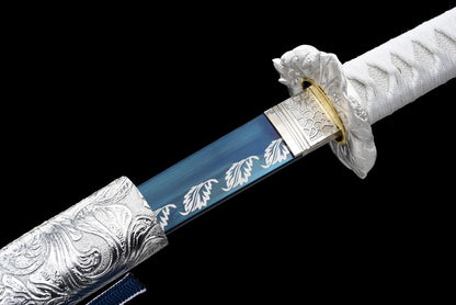 Qinghe Waming Katana, Full Tang Construction, High Manganese Steel Blade, Silver Alloy Lotus & Frog Fittings, Silver Artificial Leather Wrapped Solid Wood Scabbard, Collectible Decorative Sword