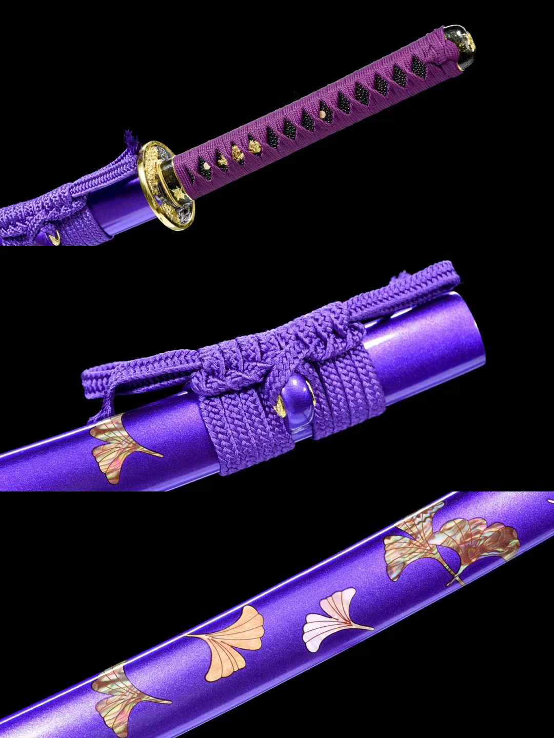 Purple Ginkgo Katana, Full Tang Construction, Forged Damascus Steel Blade, Sharp Edge, Lacquer Painted Solid Wood Scabbard, Collectible Decorative Japanese Sword