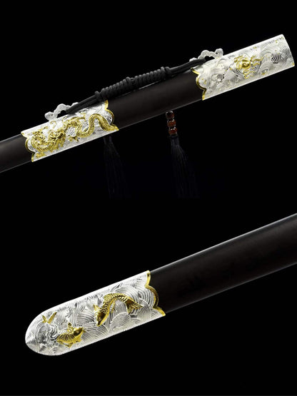Dragon‑King Chinese Sword, Full Tang Construction, Sharp Blade, High‑Manganese Steel Eight‑Sided Blade With Engraved Gilded Pattern, Zinc Alloy Fittings, Premium Ebony Wood Scabbard, Myth‑Inspired Collectible Sword