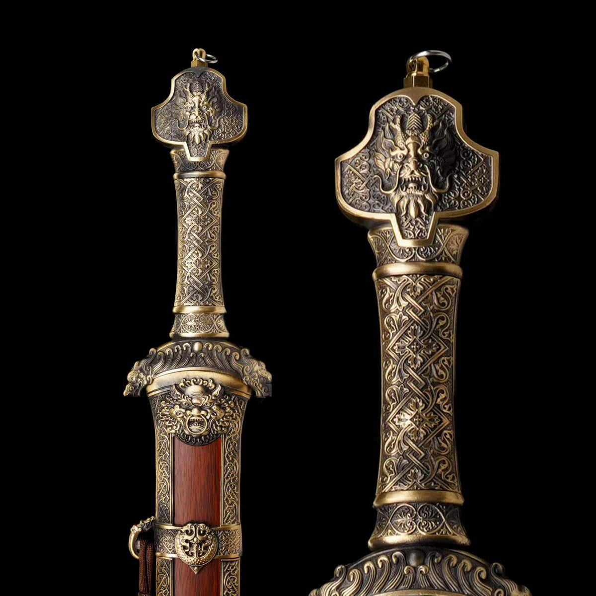 Yu‑Chen Coiled Dragon Jian, Full Tang Construction, Sharp Blade, Hand‑Forged Damascus Steel, Antique‑Finished Solid Copper Fittings, One‑Piece Copper Handle, Dragon‑Phoenix Hardwood Scabbard Wrapped With Full Copper, Historical Collectible Chinese Sword