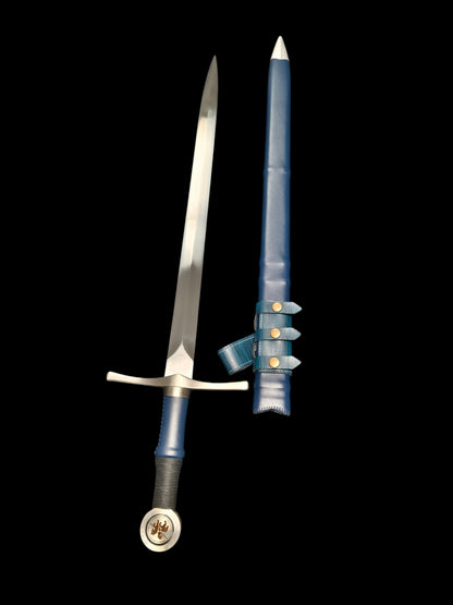 Full Tang 5160 Spring Steel Forged Sharp Single Hand Short European Sword, Blue Hilt with Leather Scabbard