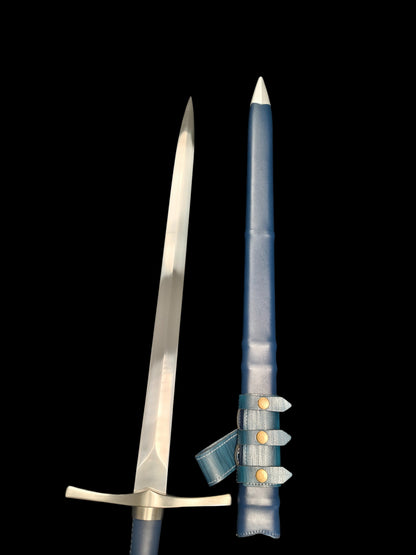 Full Tang 5160 Spring Steel Forged Sharp Single Hand Short European Sword, Blue Hilt with Leather Scabbard