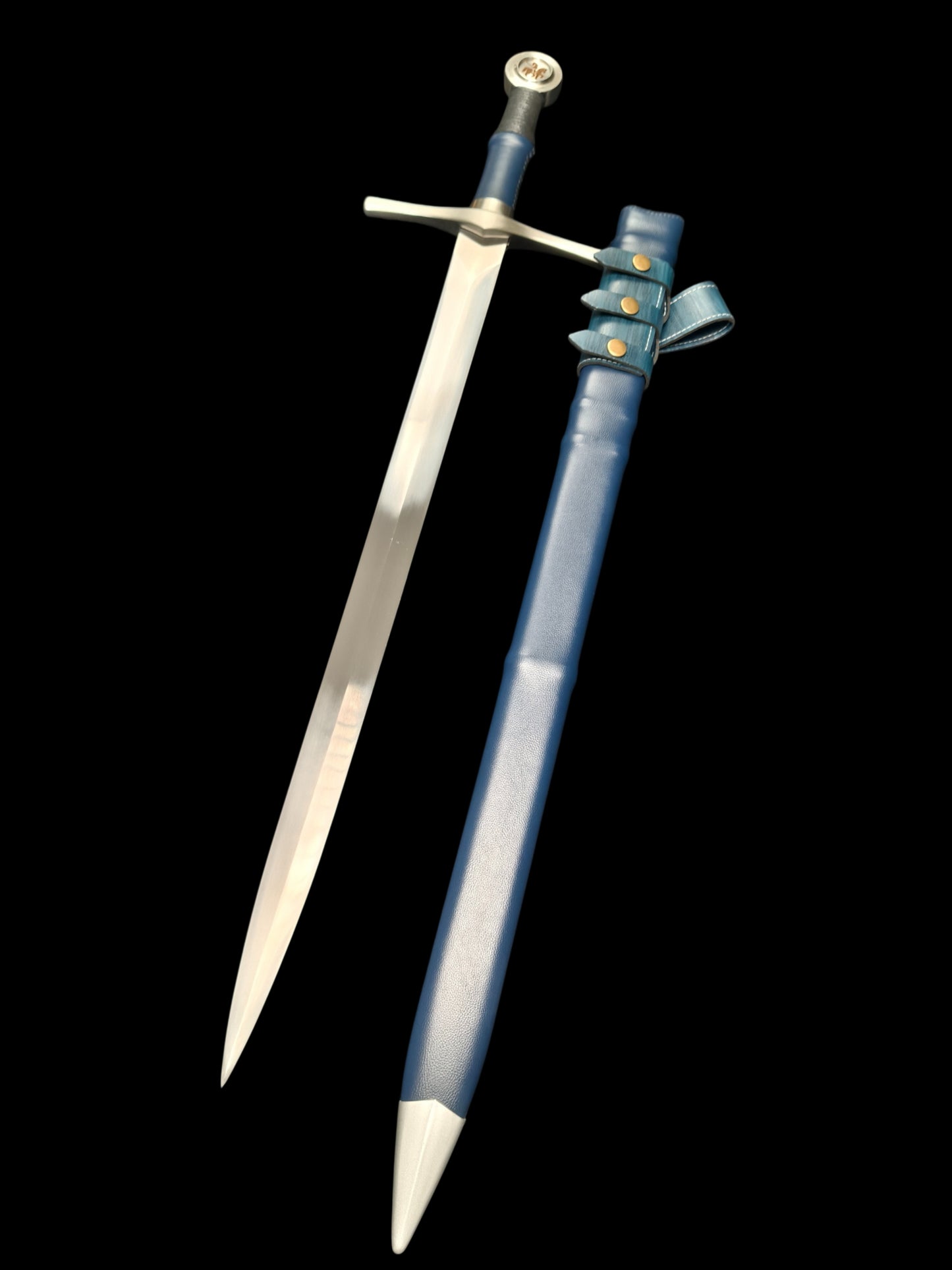 Full Tang 5160 Spring Steel Forged Sharp Single Hand Short European Sword, Blue Hilt with Leather Scabbard