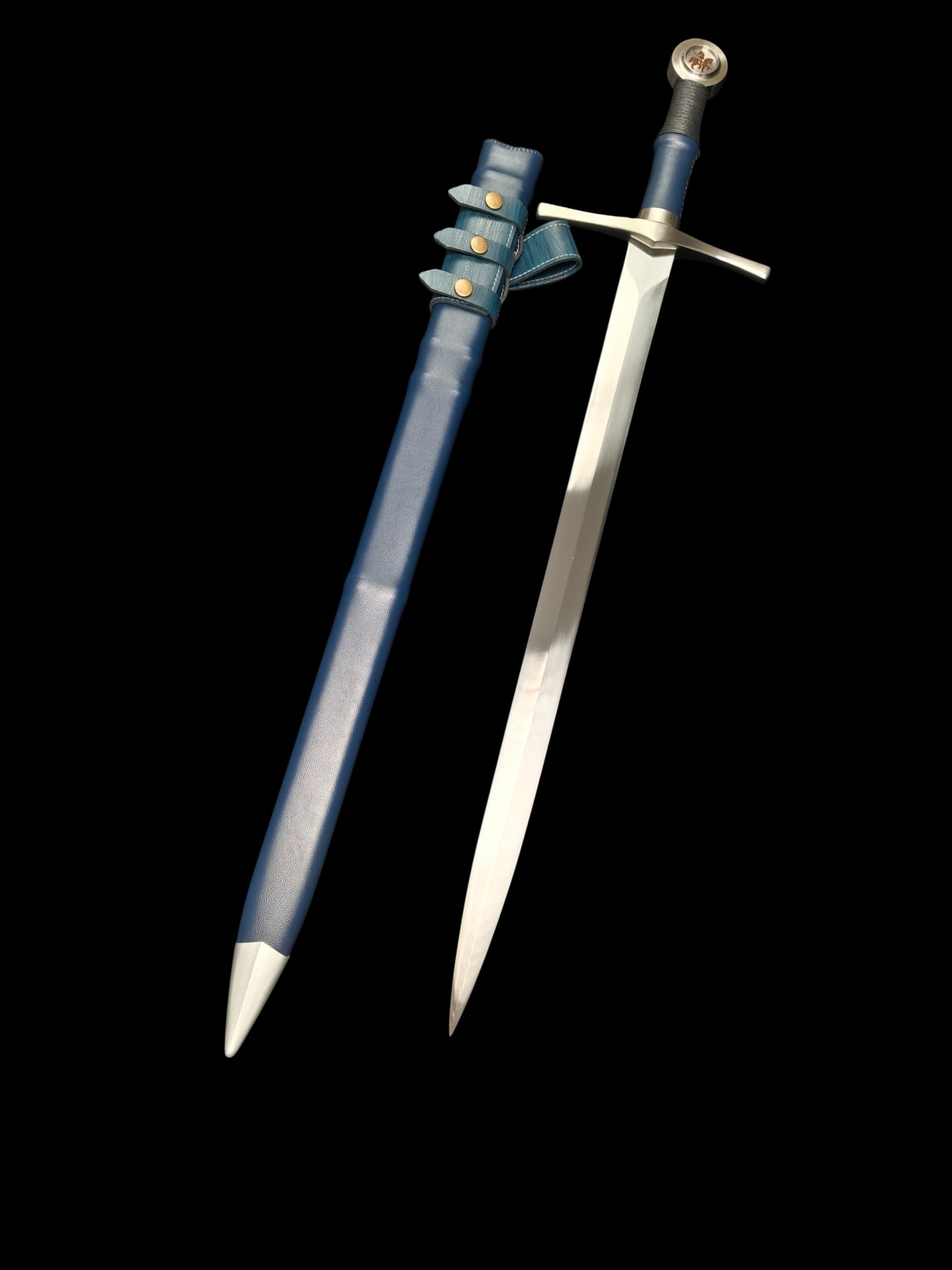 Full Tang 5160 Spring Steel Forged Sharp Single Hand Short European Sword, Blue Hilt with Leather Scabbard