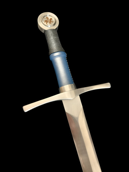 Full Tang 5160 Spring Steel Forged Sharp Single Hand Short European Sword, Blue Hilt with Leather Scabbard