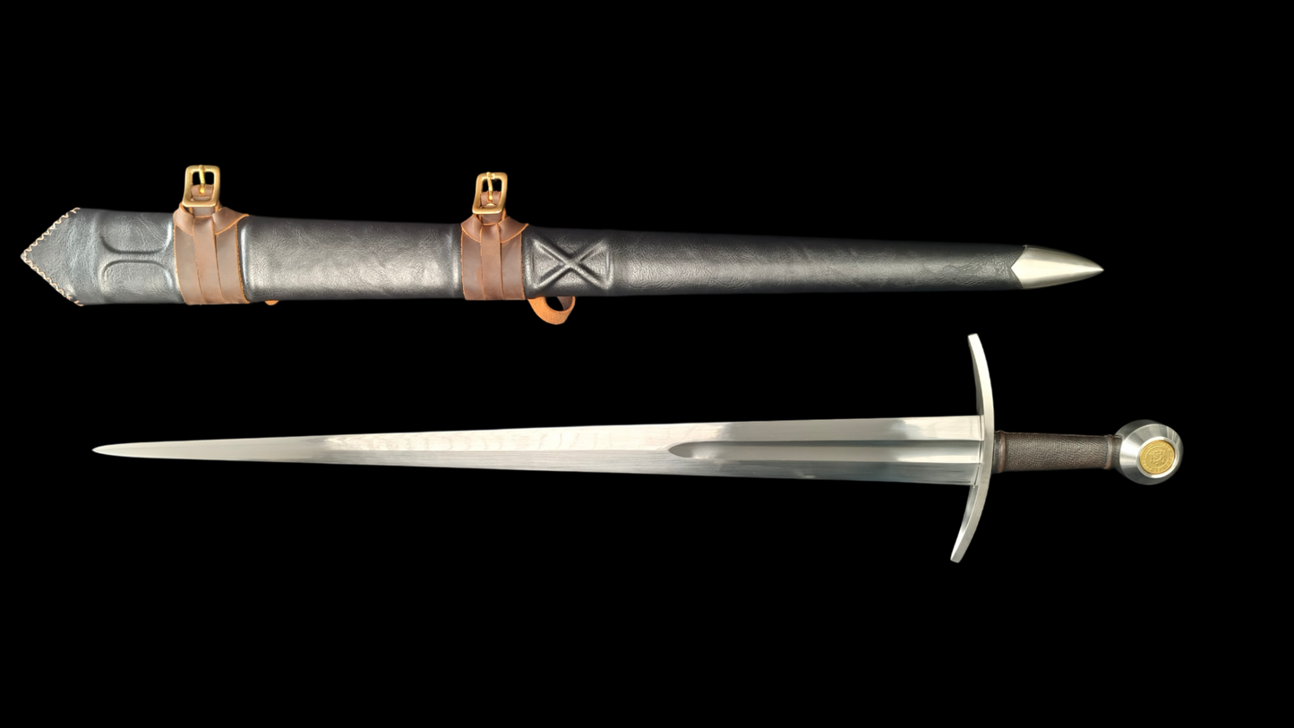 Full Tang Henry’s Short Arming Sword Replica, Sharp Blade, 60Si2CrVA Spring Steel Mirror‑Polished Blade, 304 Stainless Steel Curved Crossguard, Wood & Genuine Cowhide Scabbard, Kingdom Come Deliverance Medieval Historical Collectible Sword
