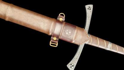 Full Tang Sir Radzig Sword Replica, Sharp Blade, 60Si2CrVA Spring Steel Mirror‑Polished Blade, 304 Stainless Steel Engraved Guard, Wood & Genuine Cowhide Scabbard, Kingdom Come Deliverance Medieval Knight Collectible Sword