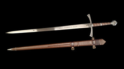 Full Tang Sir Radzig Sword Replica, Sharp Blade, 60Si2CrVA Spring Steel Mirror‑Polished Blade, 304 Stainless Steel Engraved Guard, Wood & Genuine Cowhide Scabbard, Kingdom Come Deliverance Medieval Knight Collectible Sword