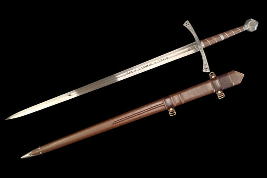 Full Tang Sir Radzig Sword Replica, Sharp Blade, 60Si2CrVA Spring Steel Mirror‑Polished Blade, 304 Stainless Steel Engraved Guard, Wood & Genuine Cowhide Scabbard, Kingdom Come Deliverance Medieval Knight Collectible Sword