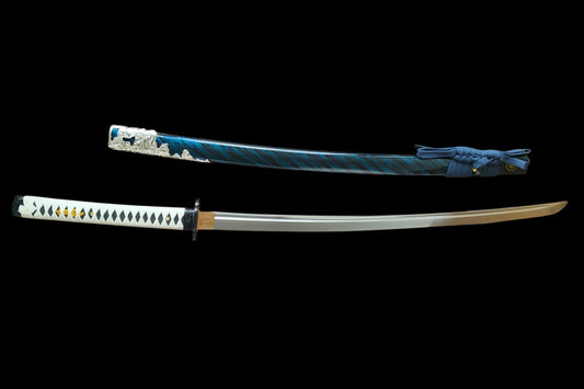 Ghost of Tsushima Long Katana, Full Tang Construction, Hand Forged T10 Steel Clay Tempered Blade, Sharp Edge, Hand Polished For Enhanced Sharpness, Alloy Fittings, Solid Wood Scabbard With Real Ray Skin Handle, Collectible Replica Samurai Sword