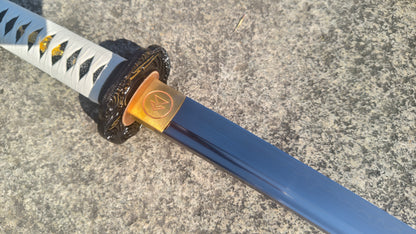 Ghost of Tsushima Long Katana, Full Tang Construction, Hand Forged T10 Steel Clay Tempered Blade, Sharp Edge, Hand Polished For Enhanced Sharpness, Alloy Fittings, Solid Wood Scabbard With Real Ray Skin Handle, Collectible Replica Samurai Sword