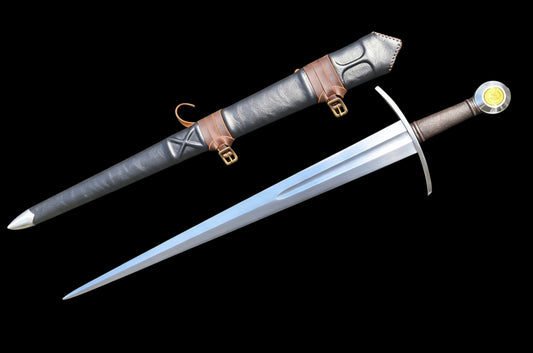 Full Tang Henry’s Short Arming Sword Replica, Sharp Blade, 60Si2CrVA Spring Steel Mirror‑Polished Blade, 304 Stainless Steel Curved Crossguard, Wood & Genuine Cowhide Scabbard, Kingdom Come Deliverance Medieval Historical Collectible Sword